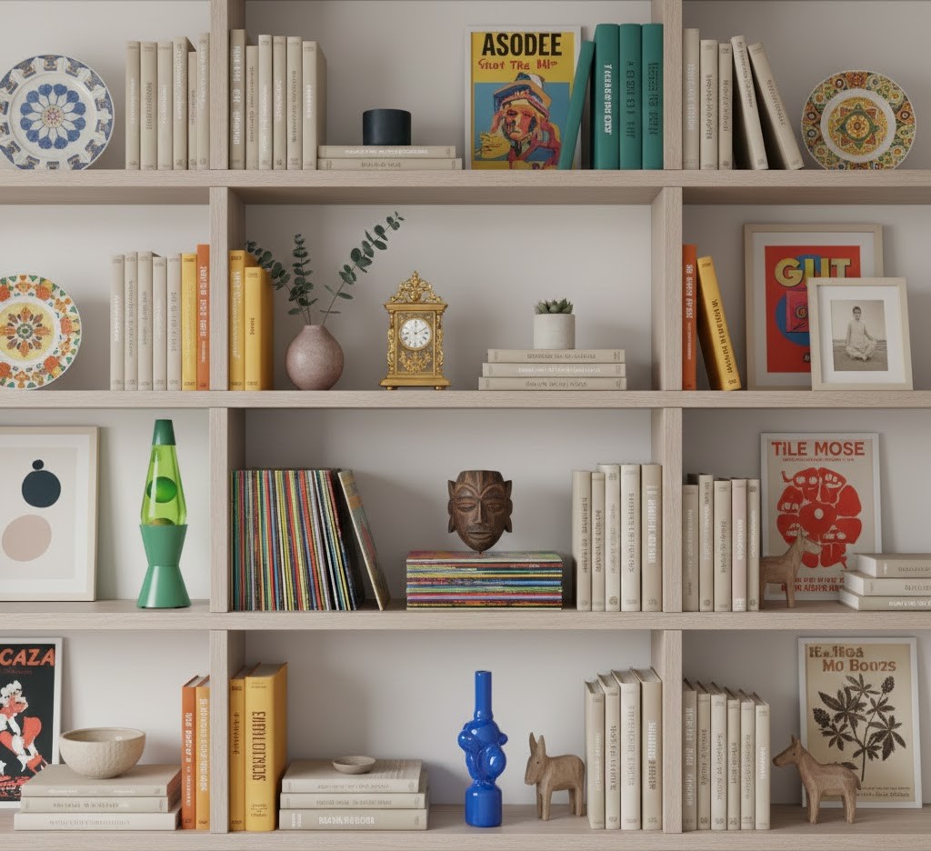 Colorful shelf with diverse objects