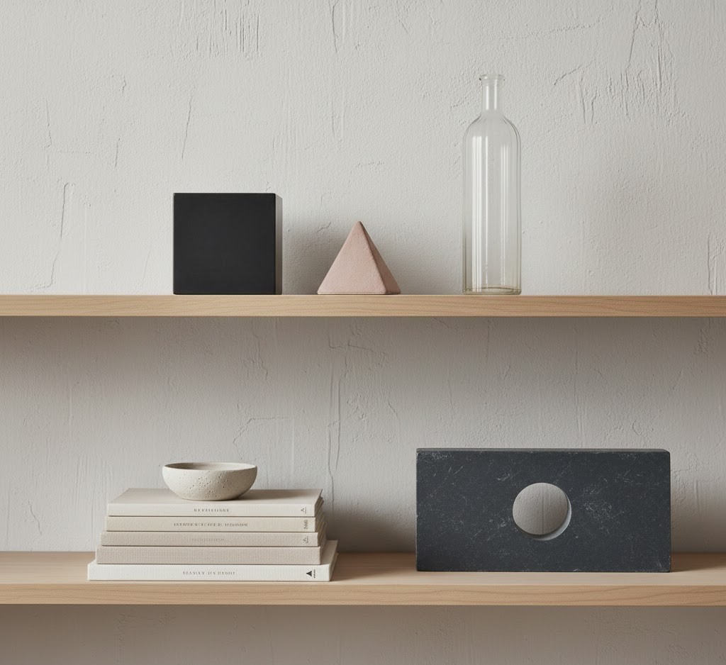Sparse bookshelf with geometric objects