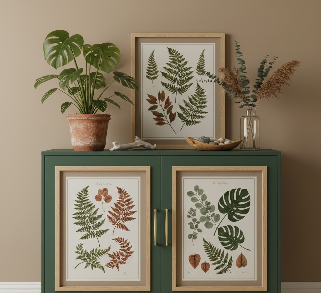 Cabinet with botanical prints and greenery
