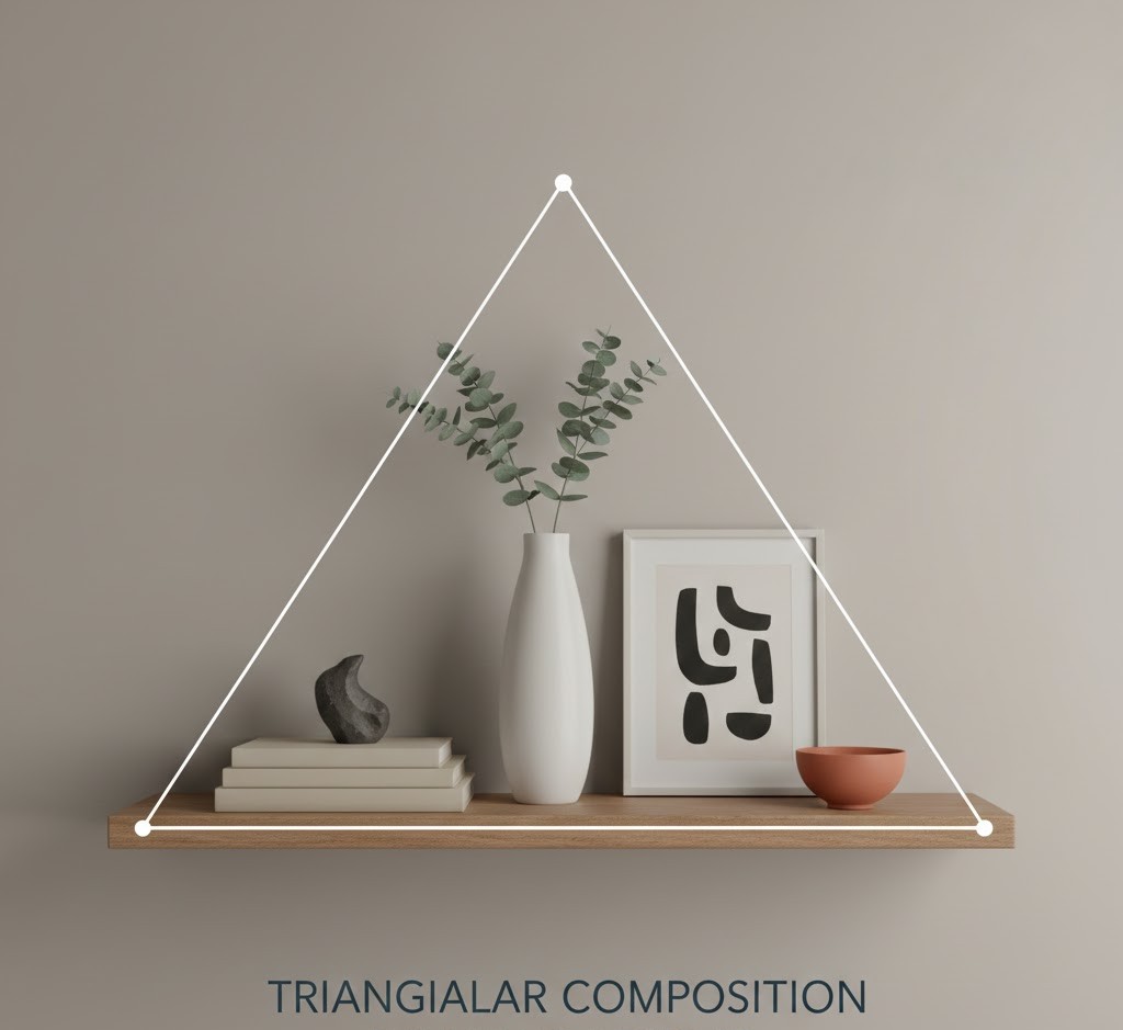 Triangular arrangement on shelf